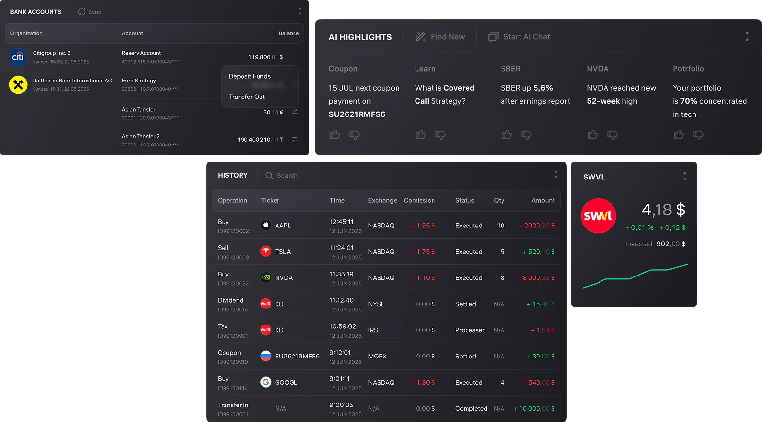 Trading terminal bank accounts, AI Highlights, operation history and instrument widget