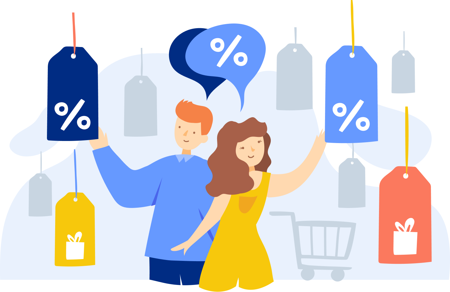 GdeMaterial shopping illustration with customers and price tags