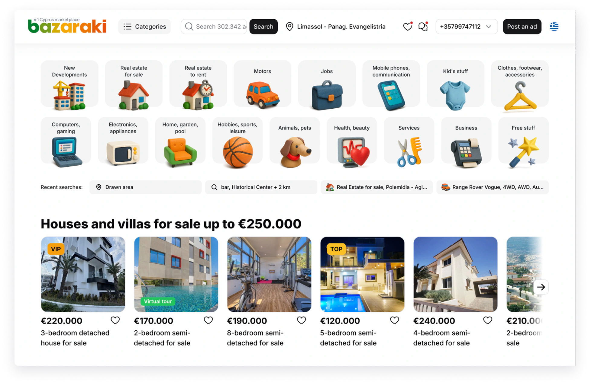 Bazaraki marketplace homepage with categories and property listings