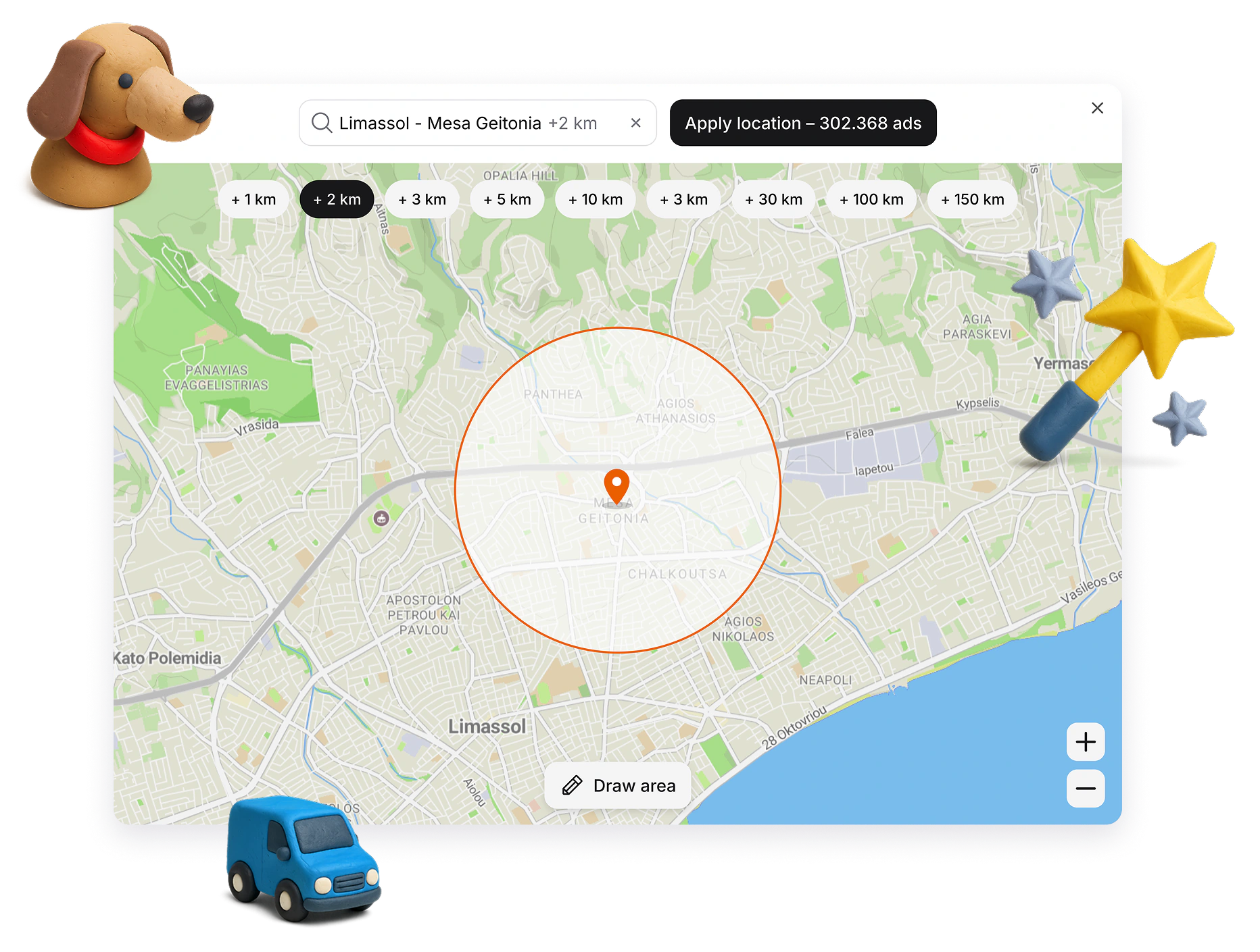 Bazaraki location and radius selection on a map