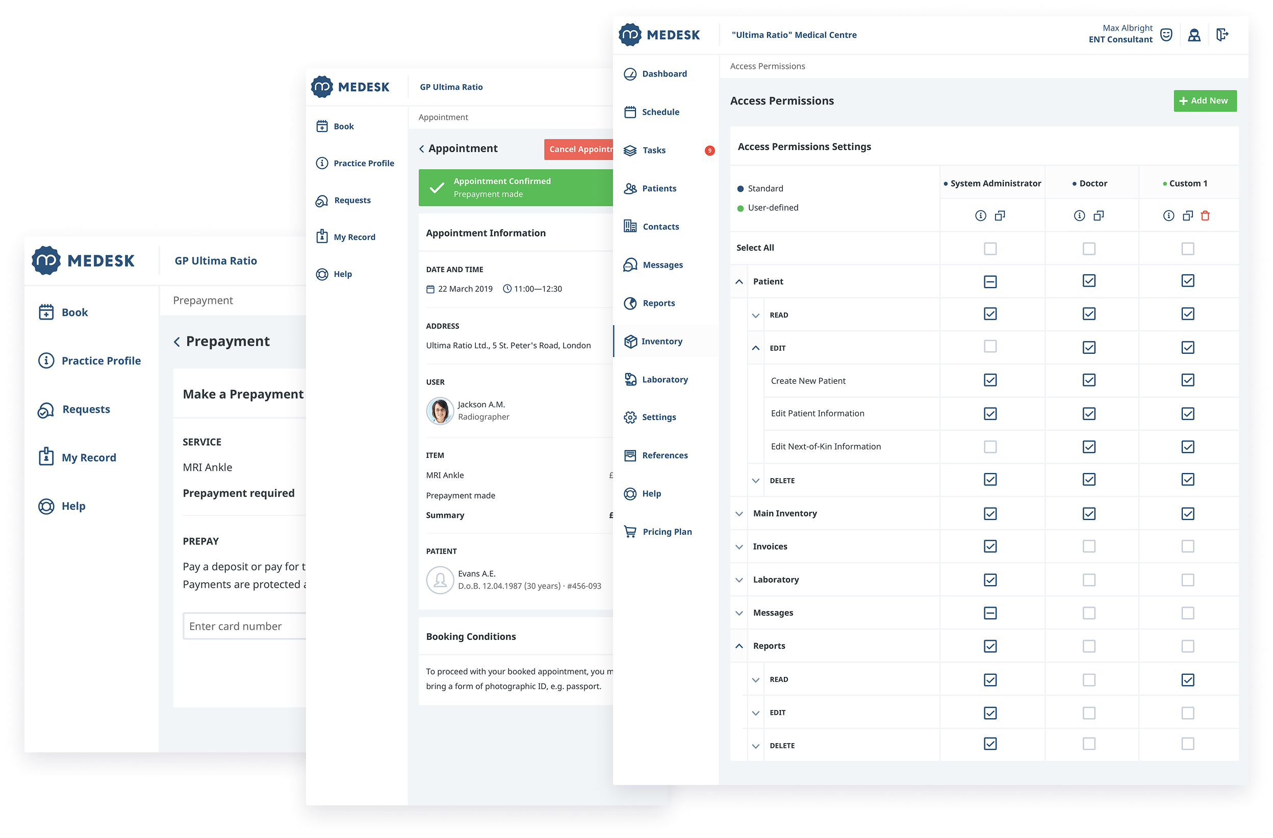 Medesk role permissions matrix, prepayment and booking confirmation