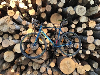 A blue bicycle beside a stack of logs