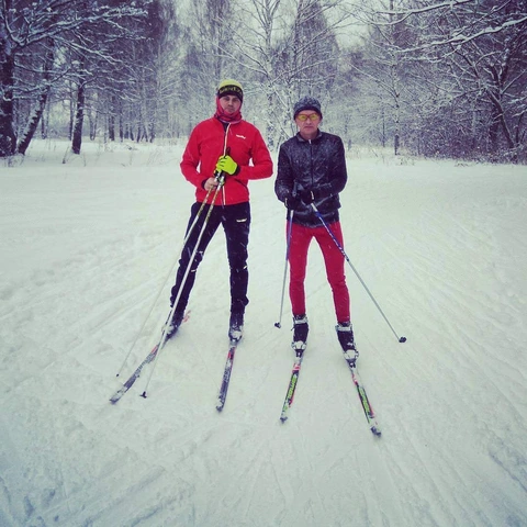 Skiing in a snowy forest