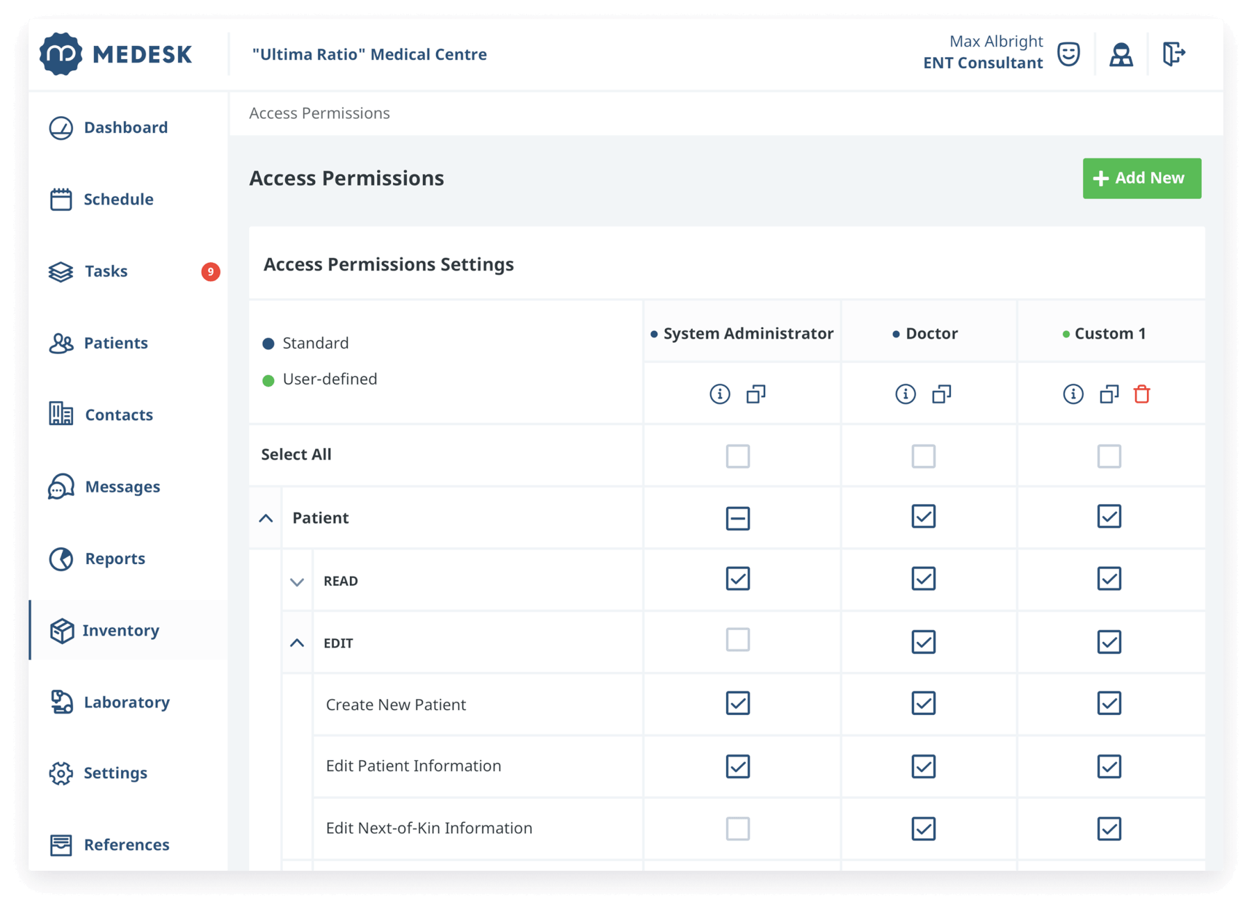 Medesk access permissions interface