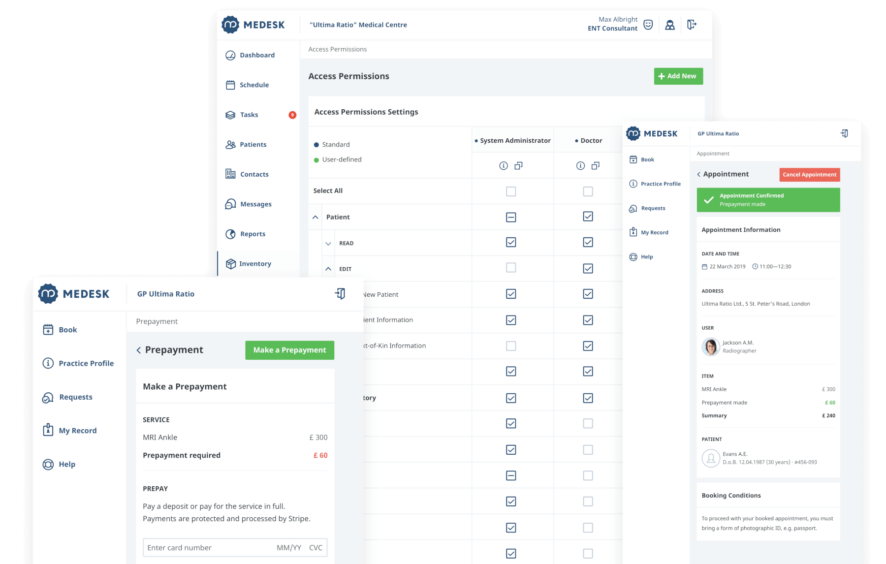Medesk patient portal and appointment screens