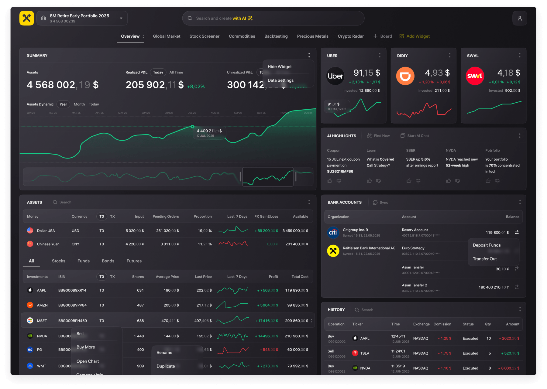 Professional trading terminal dashboard