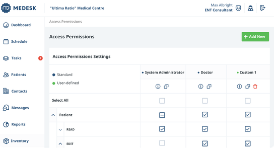 Medesk access permissions management interface
